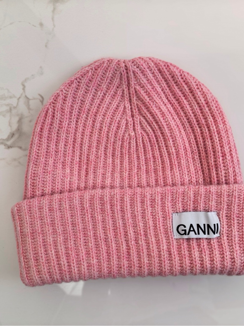 Ganni Pink Ribbed Fold-Over Cuff Beanie